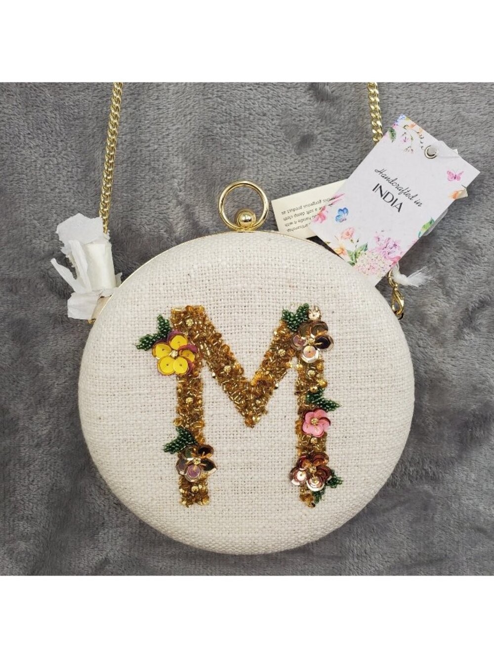 Beaded Bag Round Clutch Chain Crossbody Wedding "M" Handcrafted Formal Boho